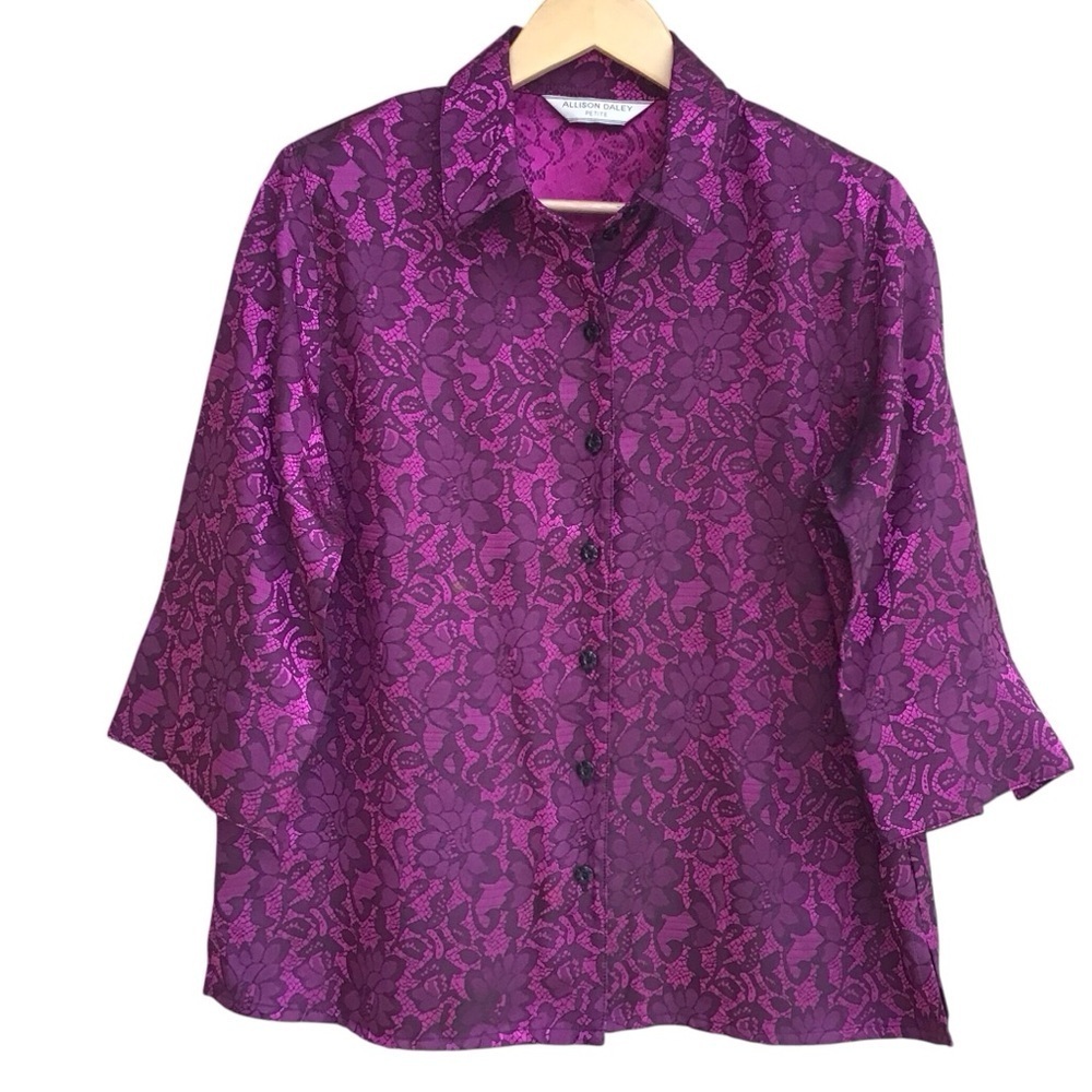 Allison Daley Petite Pink & Black Lace Print Button Down Blouse